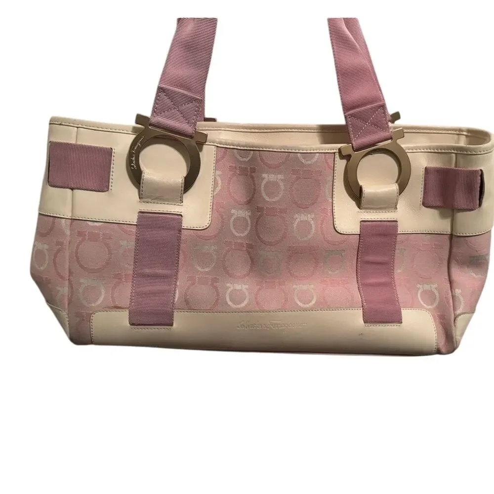 Ferragamo White Leather & Pink Gancini Satchel, Vintage